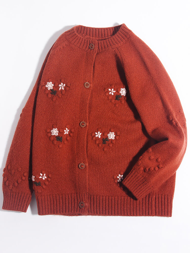 (image for) Girls Floral Embroidery Button-Front Cashmere Cardigan Sweater